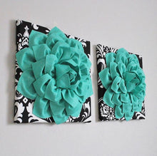 Load image into Gallery viewer, Teal Dahlia Flowers on Black Damask Wall Decor

