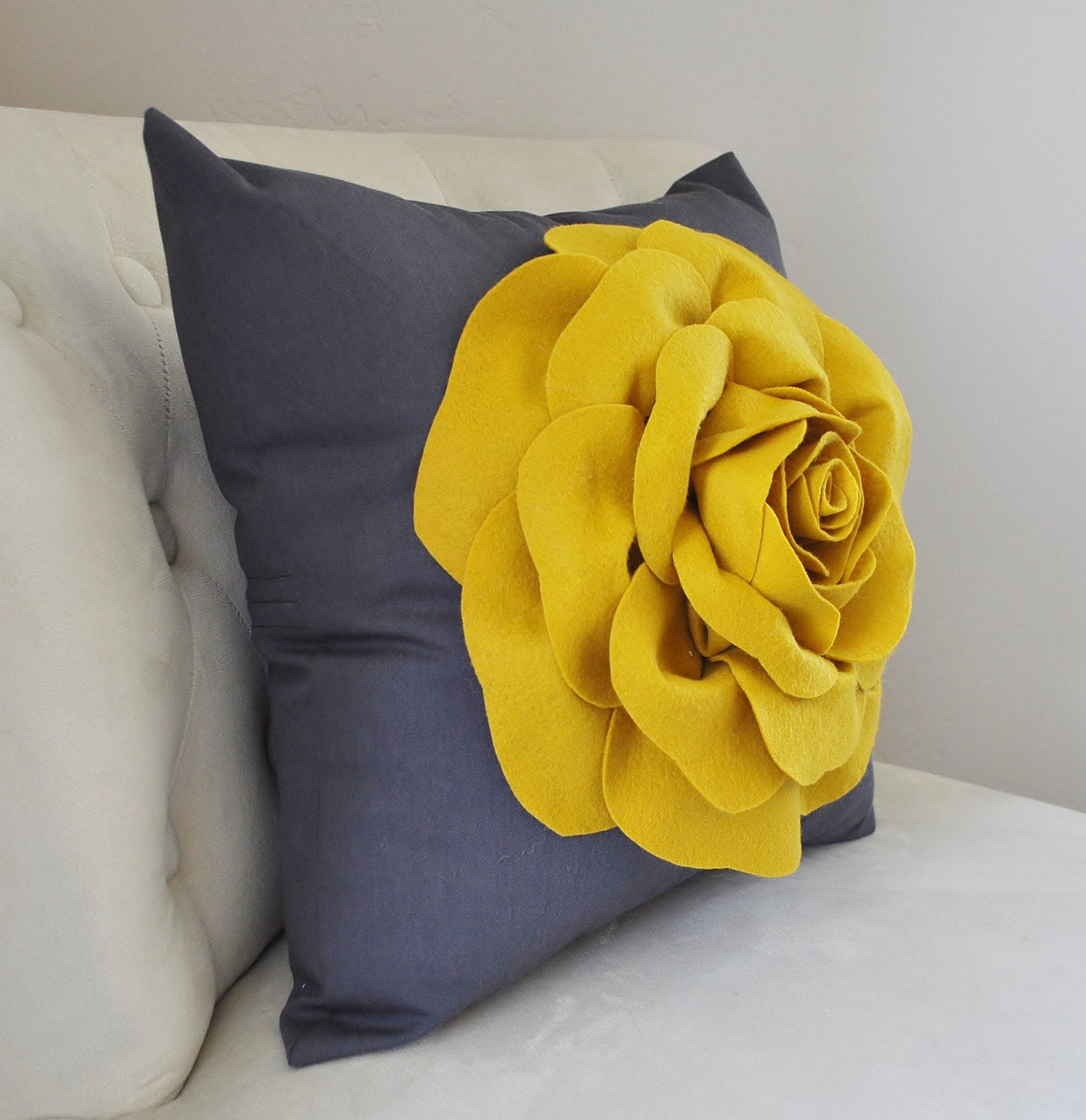 Rose Pillow Mustard Yellow on Grey Daisy Manor