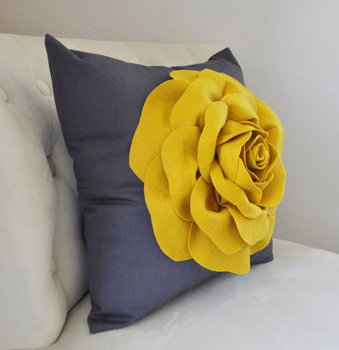 Rose Pillow Mustard Yellow on Grey - Daisy Manor