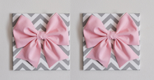 Load image into Gallery viewer, Set of Two Large Light Pink Bow on Gray and White Chevron 12 x12&quot; Canvas Wall Art- Baby Nursery Wall Decor- Zig Zag
