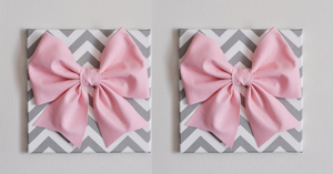 Set of Two Large Light Pink Bow on Gray and White Chevron 12 x12" Canvas Wall Art- Baby Nursery Wall Decor- Zig Zag