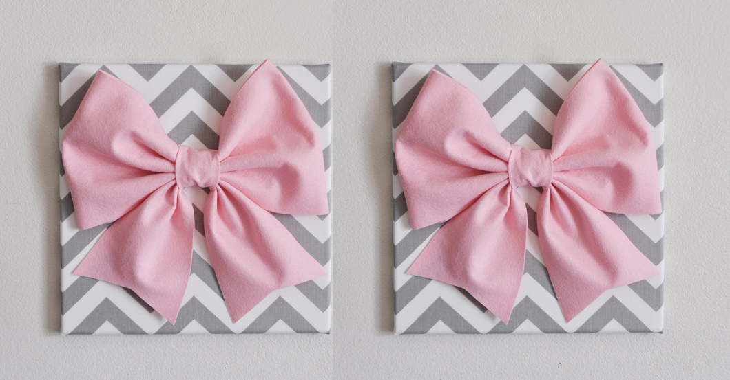 Set of Two Large Light Pink Bow on Gray and White Chevron 12 x12