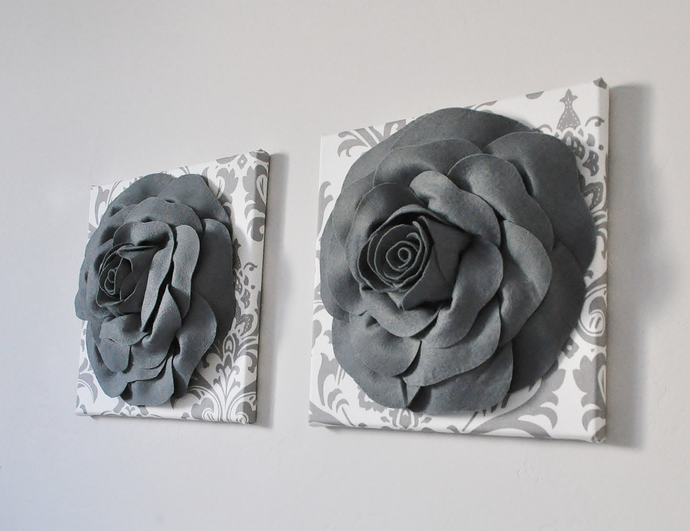 Slate Gray Roses on White and Gray Damask Canvas Wall Art - Daisy Manor
