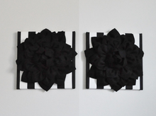 Load image into Gallery viewer, Black Sahlia flowers on Black and White Stripe Wall art Canvases size 12 by 12 inches
