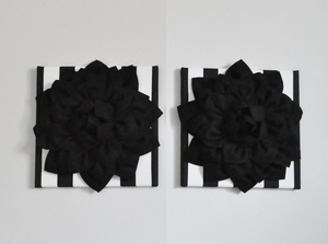 Black Sahlia flowers on Black and White Stripe Wall art Canvases size 12 by 12 inches