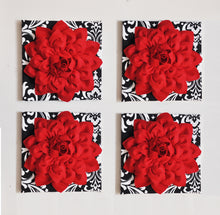 Load image into Gallery viewer, Red Dahlia flowers on Black with White Damask Canvases Perfect Christmas Decoration
