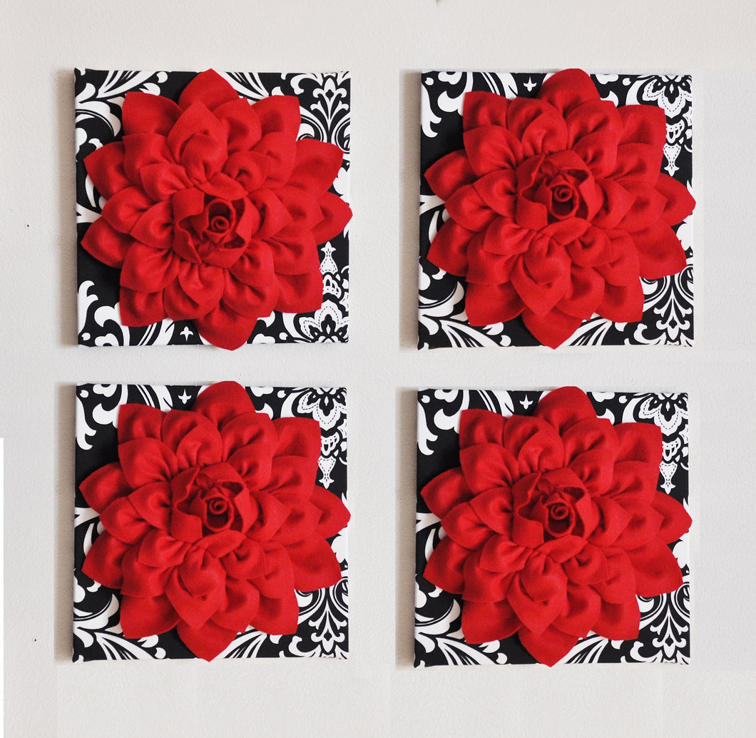 Red Dahlia flowers on Black with White Damask Canvases Perfect Christmas Decoration