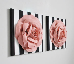 Blush Roses on Black Stripe Wall Art Set of Two - Daisy Manor