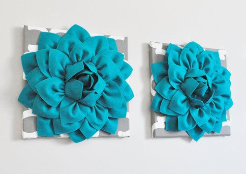 Dark Turquoise Dahlia flowers on Gray Moroccan Wall Art Canvases size 12x12