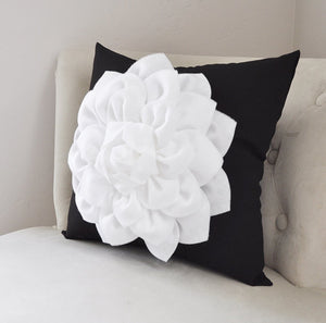 White Dahlia on Black Pillow Cover - Daisy Manor