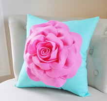 Load image into Gallery viewer, Throw Pillow Pink Rose on Bright Aqua Pillow 14 x 14 - Daisy Manor
