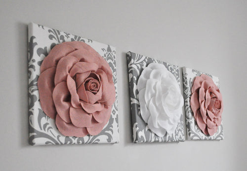 Light Blush and White Rose on Damask Wall Decor Set - Daisy Manor