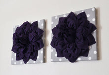 Load image into Gallery viewer, Two Deep Purple Dahlia on Gray and White Polka Dot 12 x12&quot; Canvas Wall Art - Daisy Manor
