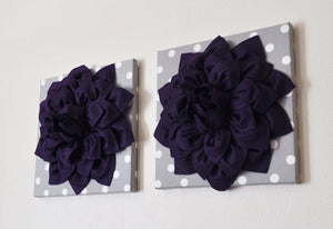 Two Deep Purple Dahlia on Gray and White Polka Dot 12 x12" Canvas Wall Art - Daisy Manor