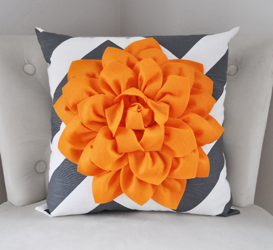 Charcoal Chevron Pillow with Dahlia Fower