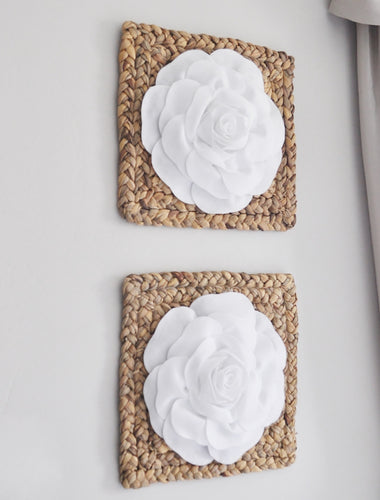 White Rose on Square Woven Water Hyancith Boho Wall Decor - Daisy Manor