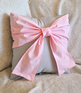 Light Pink Big Bow on Light Gray Decorative Pillow - Daisy Manor