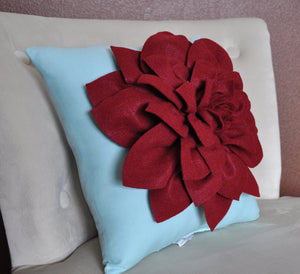 Shabby Chic - Dahlia Felt Flower Decorative Pillow  -Ruby Red on Aqua - 14" x 14" -Poinsettia -Pick your Colors- Mum Flower - Daisy Manor