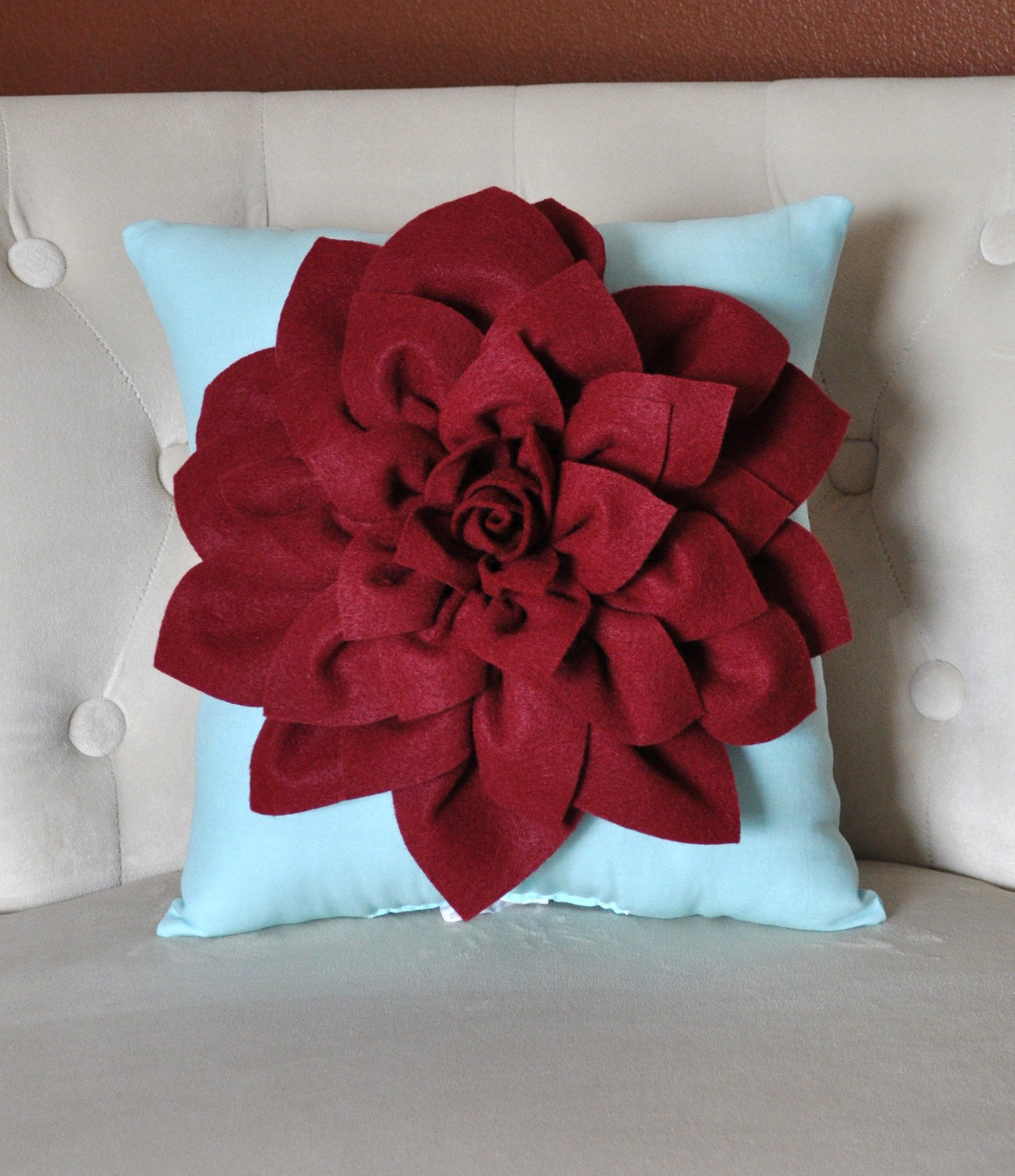 Shabby Chic Dahlia Felt Flower Decorative Pillow -Ruby Red on