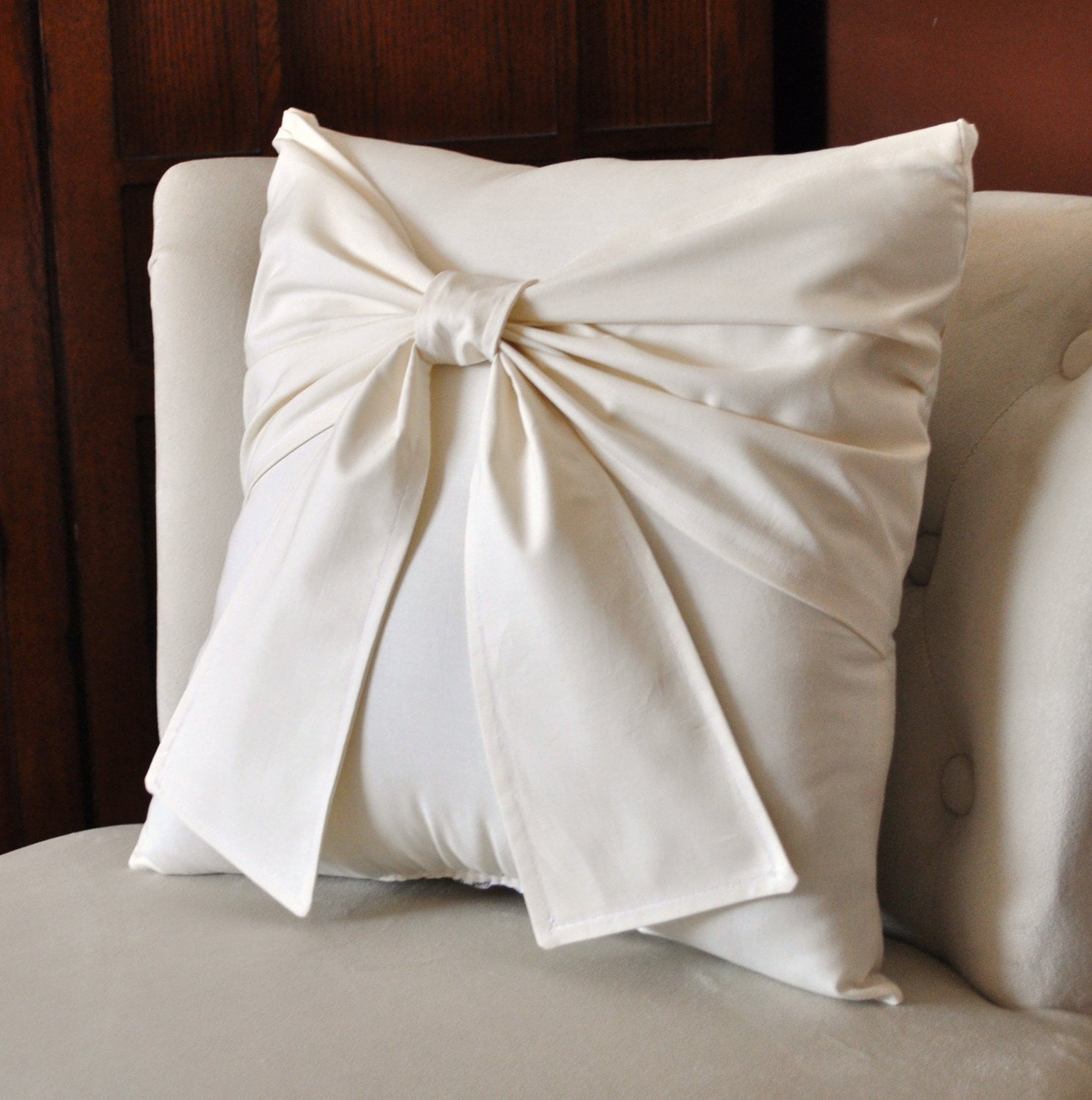 Ivory and Cream Bow Pillow Decorative Big Bow Pillow Beige Throw Daisy Manor