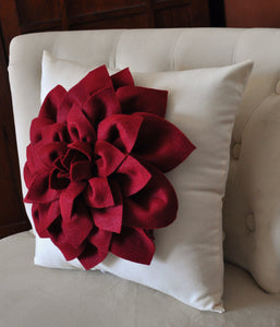 Decorative Pillow -Ruby Red Dahlia on Cream Pillow - - Daisy Manor