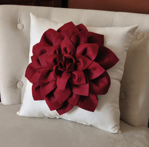 Decorative Pillow -Ruby Red Dahlia on Cream Pillow - - Daisy Manor