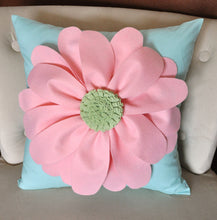 Load image into Gallery viewer, Daisy Felt Flower on Aqua Pillow  -New Bedbuggs Design -Pick your Colors- - Daisy Manor
