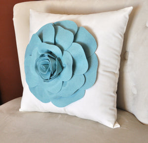 Rose Applique Dusty Blue Rose on Cream Pillow 14x14 -New Color- - Daisy Manor