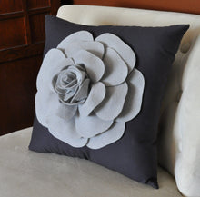 Load image into Gallery viewer, Gray Decorative Pillow. Gray Dahlia Flower on Charcoal Grey Pillow. Made to Order. - Daisy Manor
