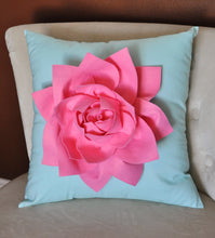 Load image into Gallery viewer, Decorative Pillow Lotus Flower Throw Pillow  -Pink on Aqua - 14&quot; x 14&quot; -Water Lily Flower Bedbuggs Design - Daisy Manor
