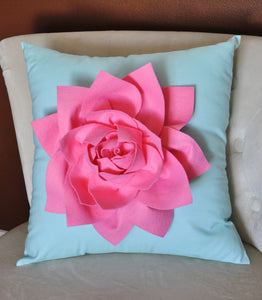 Decorative Pillow Lotus Flower Throw Pillow  -Pink on Aqua - 14" x 14" -Water Lily Flower Bedbuggs Design - Daisy Manor