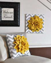 Load image into Gallery viewer, Two Wall Flower -Bright Yellow  Dahlia on Gray and White Chevron 12 x12&quot; Canvas Wall Art- Flower Wall Art - Daisy Manor
