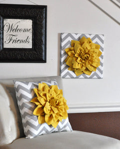 Two Wall Flower -Bright Yellow  Dahlia on Gray and White Chevron 12 x12" Canvas Wall Art- Flower Wall Art - Daisy Manor