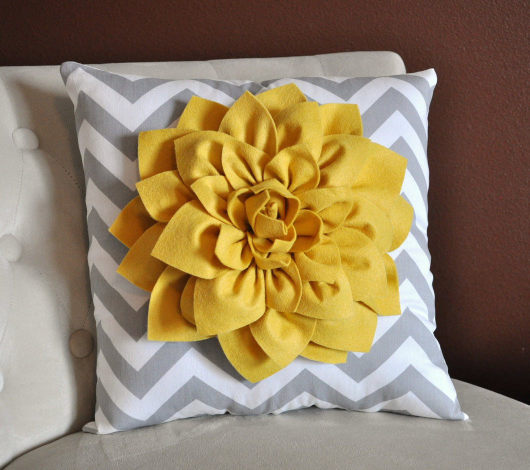 Mellow Yellow Dahlia on Gray and White Zigzag Pillow -Chevron Pillow- 16x16 - Daisy Manor