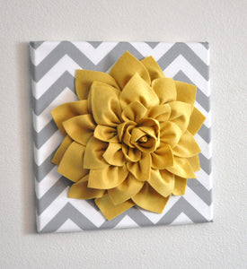 Mellow Yellow Dahlia on Gray and White Zigzag Pillow -Chevron Pillow- 16x16 - Daisy Manor