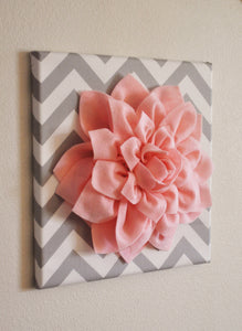 Wall Flower -Light Pink Dahlia on Gray and White Chevron 12 x12" Canvas Wall Art- Baby Nursery Wall Decor- - Daisy Manor