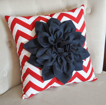 Load image into Gallery viewer, Ruby Red Dahlia on Navy Blue and White Zigzag Pillow -Chevron Pillow- Patriotic Decor- Red White and Blue - Daisy Manor
