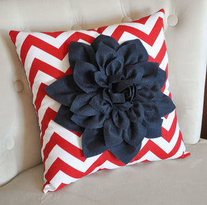 Ruby Red Dahlia on Navy Blue and White Zigzag Pillow -Chevron Pillow- Patriotic Decor- Red White and Blue - Daisy Manor