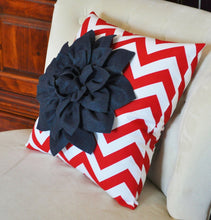 Load image into Gallery viewer, Navy Blue Dahlia on Red and White Zigzag Pillow -Chevron Pillow-  Red White and Blue - Daisy Manor
