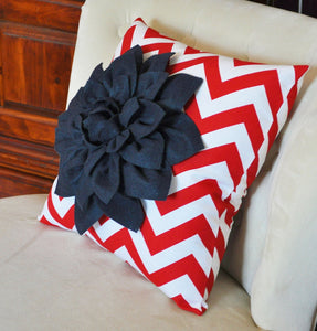 Navy Blue Dahlia on Red and White Zigzag Pillow -Chevron Pillow-  Red White and Blue - Daisy Manor