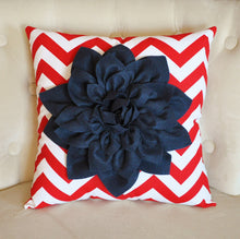 Load image into Gallery viewer, Navy Blue Dahlia on Red and White Zigzag Pillow -Chevron Pillow-  Red White and Blue - Daisy Manor
