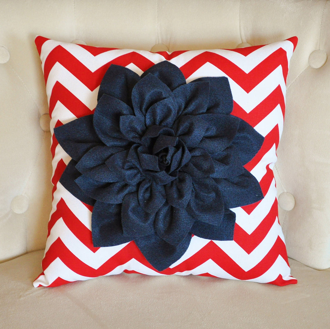 Navy Blue Dahlia on Red and White Zigzag Pillow -Chevron Pillow-  Red White and Blue - Daisy Manor