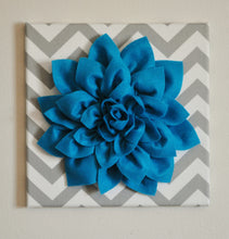 Load image into Gallery viewer, Wall Flower - Dark Turquoise Dahlia on Gray and White Chevron 12 x12&quot; Canvas Wall Art- 3D Felt Flower - Daisy Manor
