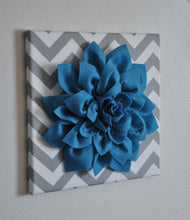 Load image into Gallery viewer, Wall Flower - Dark Turquoise Dahlia on Gray and White Chevron 12 x12&quot; Canvas Wall Art- 3D Felt Flower - Daisy Manor
