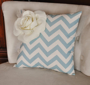 Ivory Corner Rose on Blue and Natural Zigzag Pillow 14 X 14 -Chevron Flower Pillow- Zig Zag Pillows - Daisy Manor