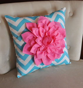 Pink Dahlia on Girly Blue and White Zigzag Pillow -Chevron Pillow- - Daisy Manor