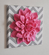 Load image into Gallery viewer, Pink Wall Flower -Bright Pink Dahlia on Gray and White Chevron 12 x12&quot; Canvas Wall Art- Baby Nursery Wall Decor- - Daisy Manor
