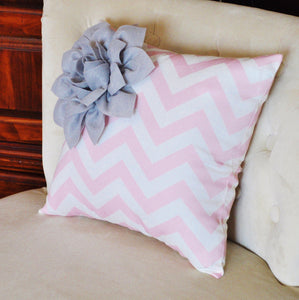 Gray Corner Dahlia on Light Pink and White Zigzag Pillow -Chevron Pillow- - Daisy Manor