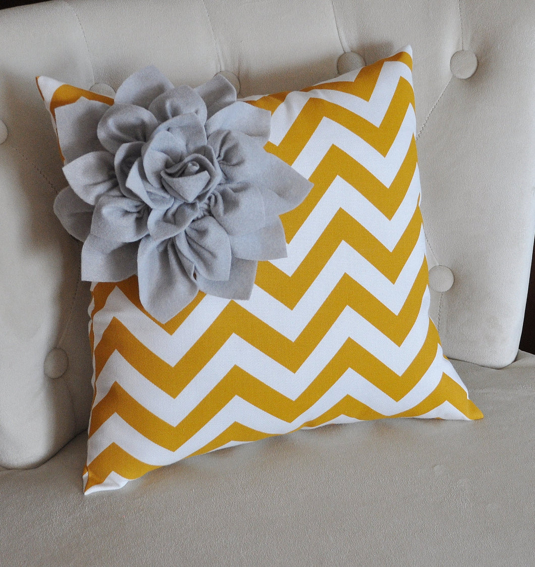 Gray Corner Dahlia on Mustard and White Zigzag Pillow 14 X 14 Chevron Flower - Pillows - Zig Zag Pillows - Daisy Manor