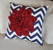 Load image into Gallery viewer, Ruby Red Dahlia on Navy Blue and White Zigzag Pillow -Chevron Pillow- Patriotic Decor- Red White and Blue - Daisy Manor

